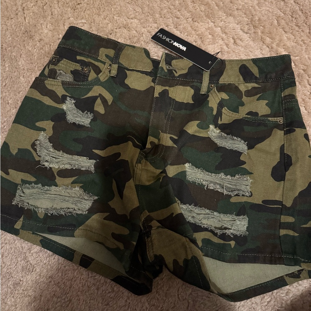 Fashion Nova Camo Distressed Shorts